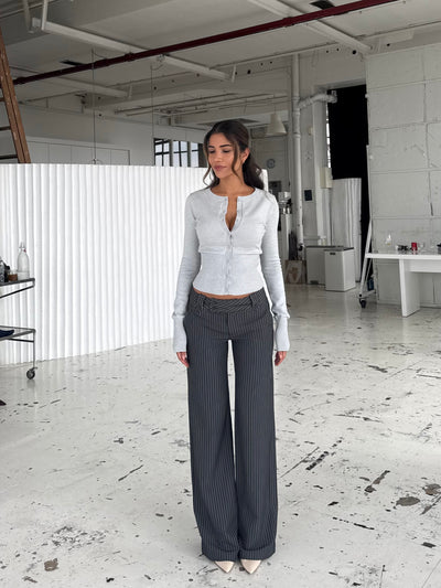 Button Low Waist Pants – Dark Grey Striped