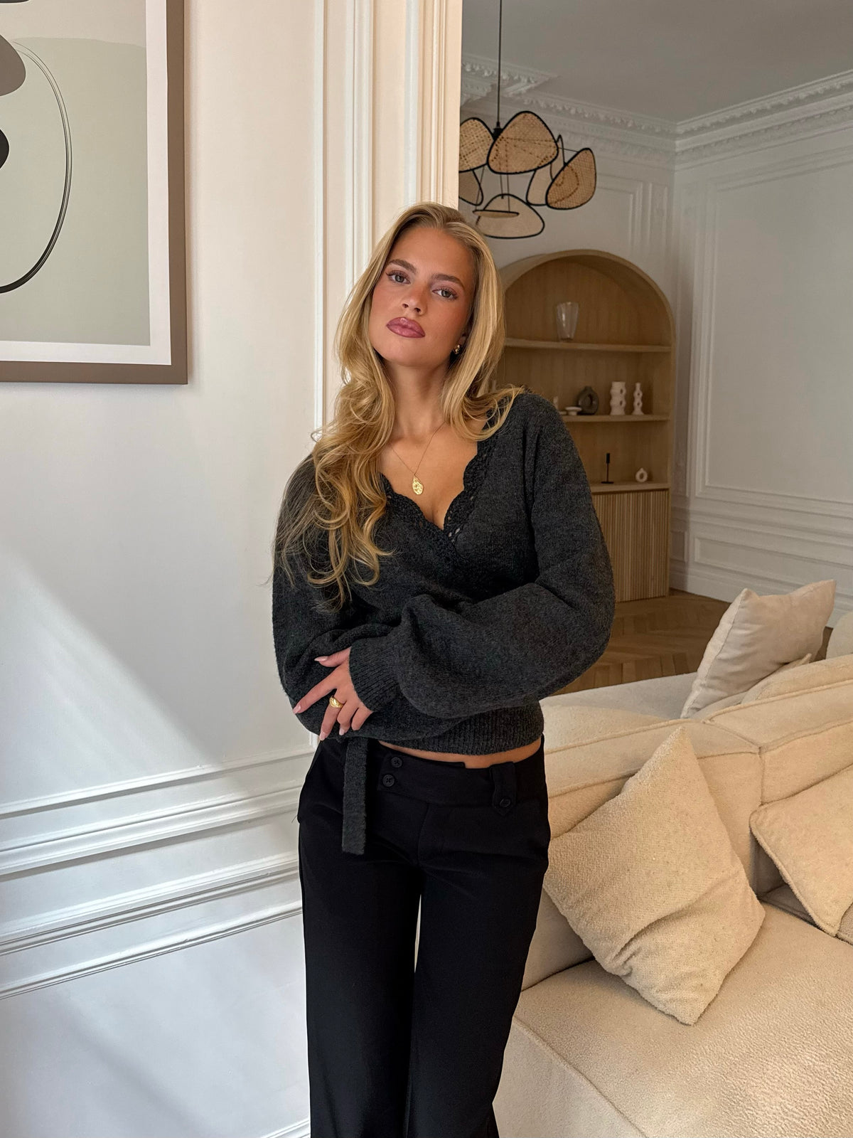 Wool Crochet Wrap Cardigan – Dark Grey
