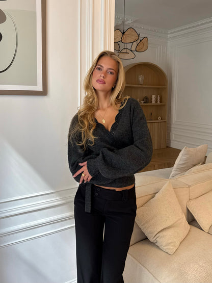 Wool Crochet Wrap Cardigan – Dark Grey