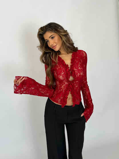 Trim lace top - dark red