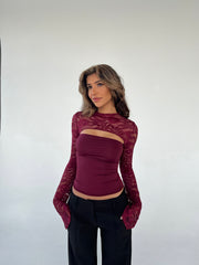 Lara lace long sleeve top - burgundy 