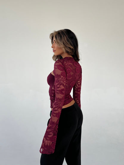 Lara lace long sleeve top - burgundy 