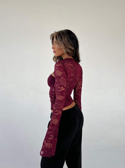 Lara lace long sleeve top - burgundy 