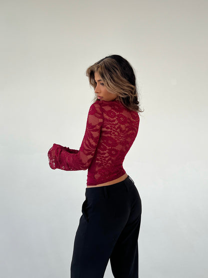 Lara lace long sleeve top - dark red 